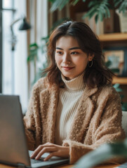 Cinematic Portrait of Stylish Young Japanese Woman Typing on Laptop at Desk, Natural Smile, Minimal Modern Office