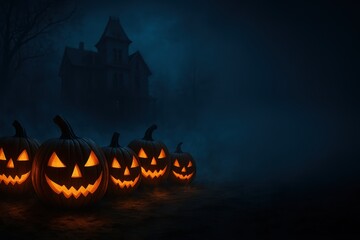 Fototapeta premium spooky halloween night with glowing jack-o'-lanterns in front of an eerie haunted house under moonlight