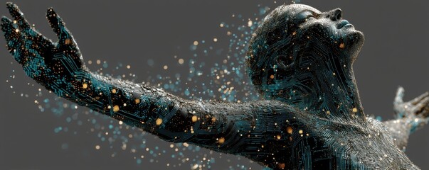 Digital human with circuits and lights extending arms in a futuristic concept