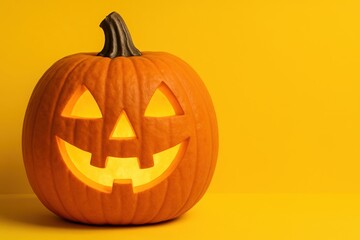 Obraz premium glowing jack-o-lantern pumpkin on vibrant yellow background celebrating halloween with joyful expression