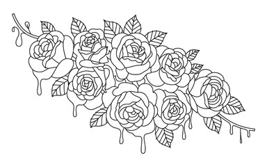 Black and white outline of dripping roses with leaves