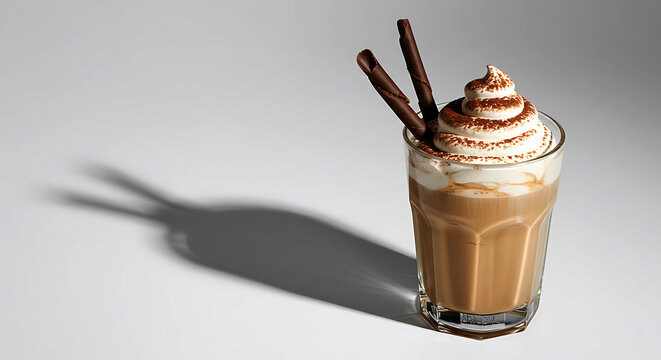 Iced Coffee Drink with Whipped Cream Cocoa Powder and Chocolate Sticks in Glass image