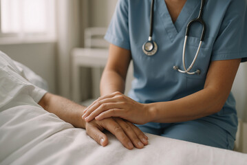 compassionate nurse providing comfort to patient in hospital room, showcasing healthcare and empathy