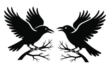 Two black ravens perched on branches facing each other