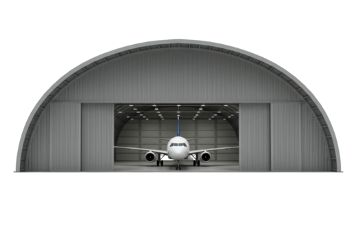 Isolated Aircraft Hangar with Airplane Inside, Airport Building Structure, Aviation Industry
