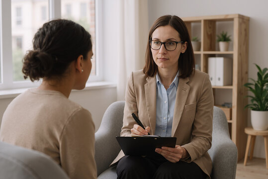therapist engaging in thoughtful conversation with client in modern office setting promoting mental health
