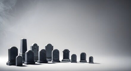 Minimalist graveyard scene with a row of dark tombstones and copy space.