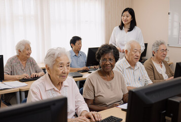 Diverse group of elderly learners in computer class guided by smiling instructor, fostering digital inclusion