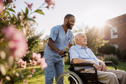 young caregiver assisting man in wheelchair with a smile in sunny garden surrounded by blooming flowers