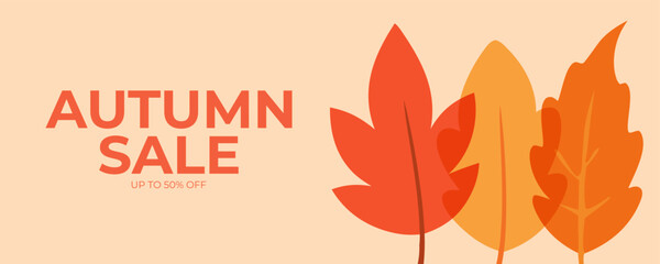 Autumn Sale Commercial Background. Fall season sale promotional banner with autumn leaves. Vector illustration.
