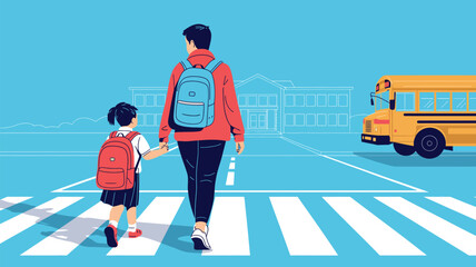 A parent and child walking to school on a crosswalk with a yellow school bus in the background illustration