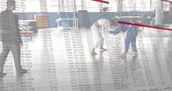 White-gi shooting single-leg, blue-gi countering with hip throw, coach halting drill for feedback