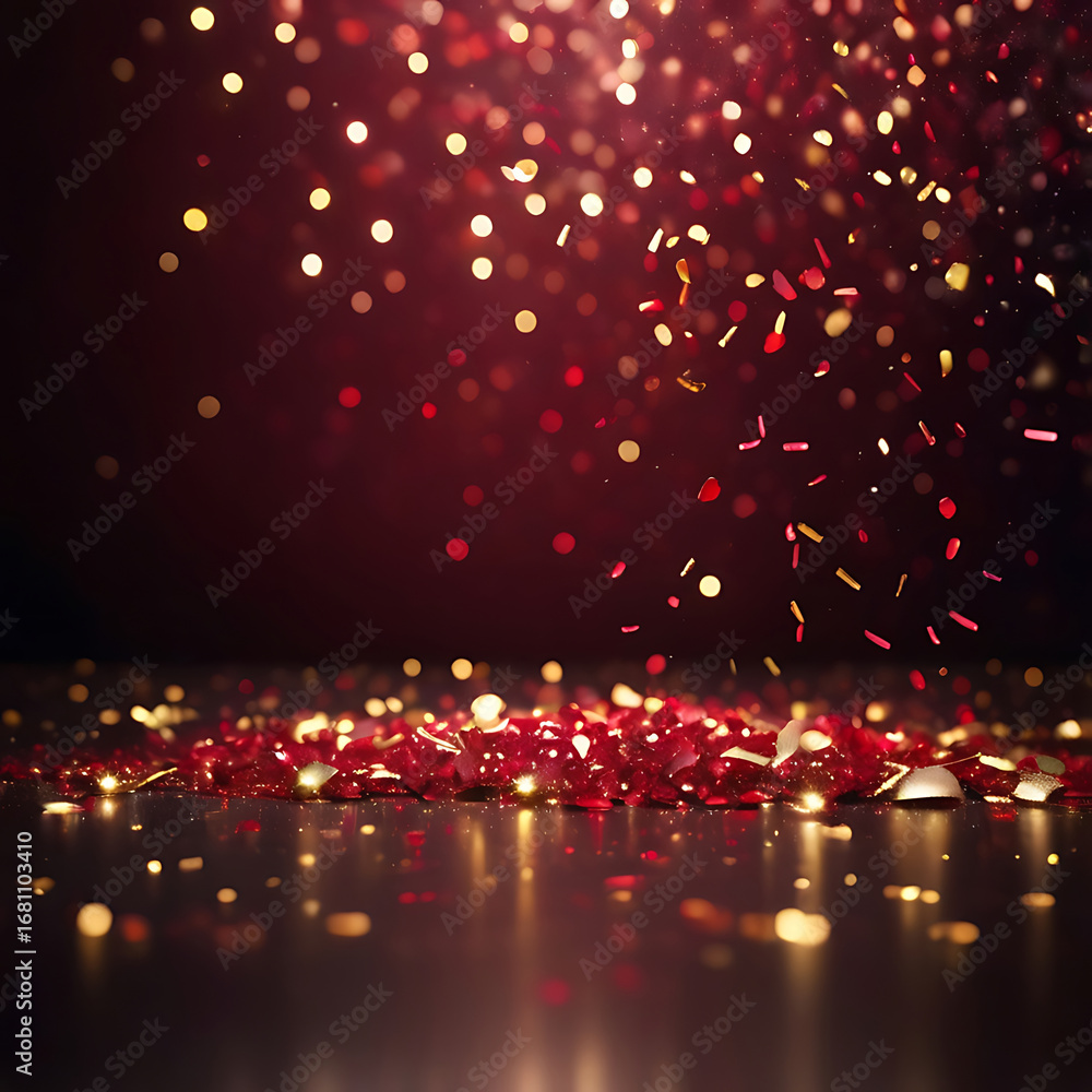 Poster festive red and gold confetti falling and sparkling on a reflective surface with bokeh lights. ai