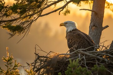 A magnificent golden eagle, a powerful predator of the wild, perches majestically on a tree branch at sunset, its dark feathers silhouetted against the vibrant sky
