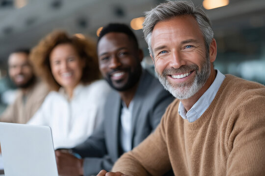 A modern, diverse business team collaborates on laptops in a bright, contemporary high-rise office setting.
