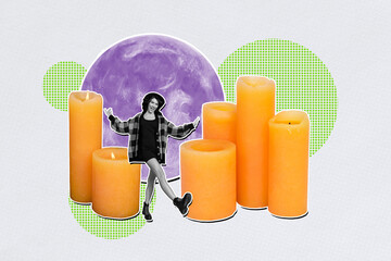 Full 3d sketch creative image poster art collage of happy witch girl dance candle moon planet wine...