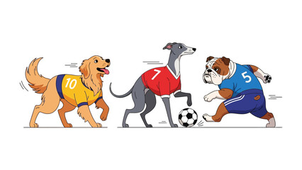 Football Friends: Adorable canine athletes compete in a friendly game of football, wearing colorful team jerseys, showcasing playful energy and teamwork.