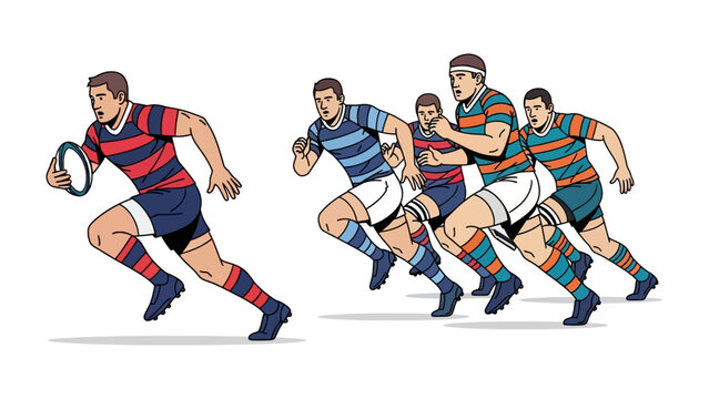Rugby Player in Action: A dynamic rugby player, embodying power and speed, sprints forward with a poised rugby ball, closely pursued by determined opponents.