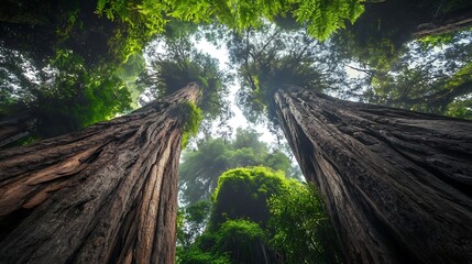 Majestic Redwood Forest  Upward View of Towering Trees with Lush Green Canopy.