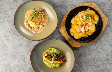 Three beautifully plated gourmet dishes featuring vibrant colors and textures, showcasing culinary...