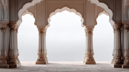 Fototapeta premium Mughal architecture, the Hawa Mahal in Rajasthan, arches and pillars, a view from inside the palace looking out over the white sky, only two pillars and huge background