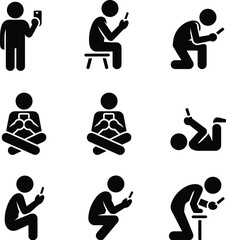 Stick figure silhouettes using smartphone in various poses, sitting, standing, lying down, digital addiction concept, mobile phone usage vector set