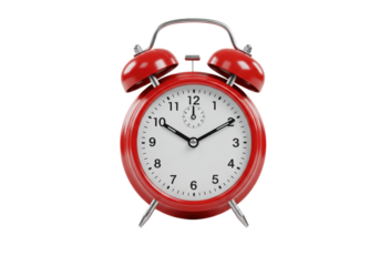 Isolated red alarm clock showing ten past two o'clock time for a reminder or deadline concept