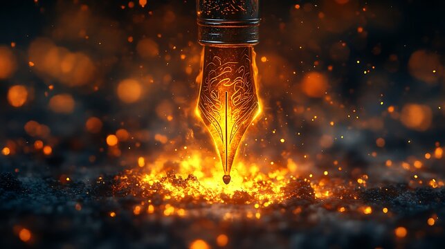 Glowing fountain pen nib with fiery sparkle in an abstract and artistic photo