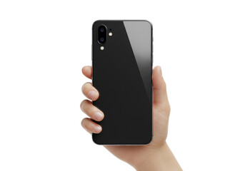 Isolated hand holding new model mobile phone with dual cameras, smart device closeup