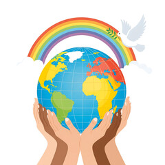 Fototapeta premium Hands holding a glowing green and blue planet symbolize global environmental care and protection