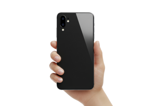 Isolated hand holding new model mobile phone with dual cameras, smart device closeup