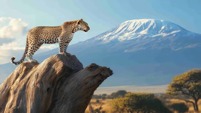 Majestic Leopard atop a weathered tree stump, overlooking a sprawling savanna landscape and a snow-capped mountain