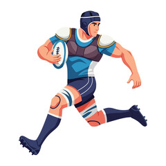 Rugby Player in Action: A dynamic rugby player charges forward, fully geared with protective gear, gripping the oval ball tightly as he pushes toward the goal.