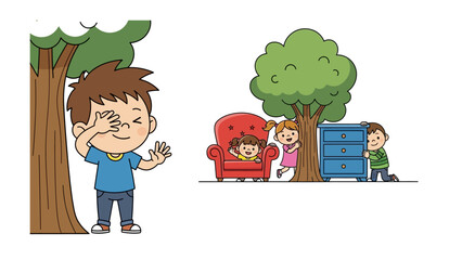 Hide and Seek: a charming cartoon image of children engaged in a playful game of hide-and-seek, one child covering their eyes while others hide nearby, full of anticipation and glee.