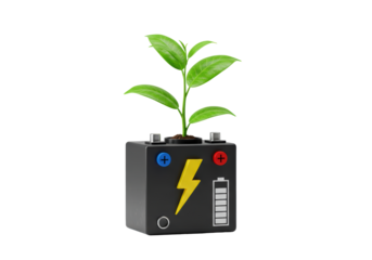 Isolated Growing plant emerging from car battery as concept for renewable energy, power