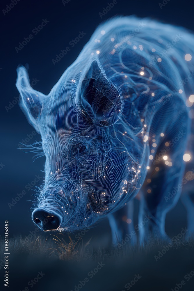 Poster digital wireframe of a pig with glowing lines in dark surroundings