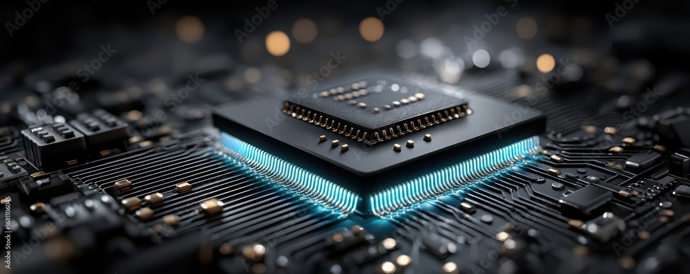 Aufkleber futuristic microprocessor on a glowing circuit board in a high-tech environment
