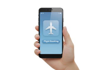 Isolated mobile app interface for flight booking held in hand, travel planning experience