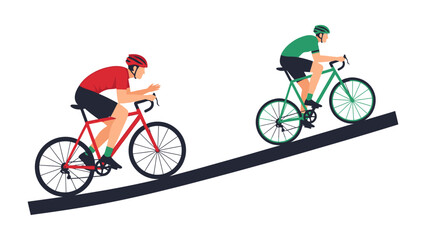 Naklejka premium Bicycle Race: Two cyclists in dynamic action, clad in vibrant gear, engaged in an uphill race on a sloping track, evoking competition and perseverance.