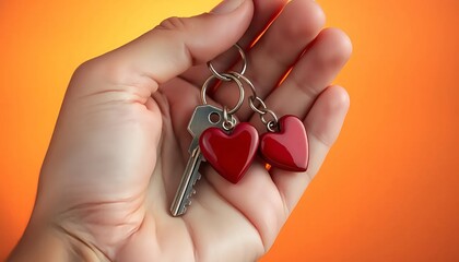 New home keys with heart charms in hand real estate love and property concept