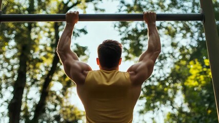 A fitness enthusiast performs pull ups in a forested area during sunset, focusing on strength and muscle development - Powered by Adobe