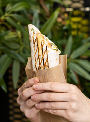 Hand holding a delicious grilled wrap in a paper holder, surrounded by vibrant green foliage,...