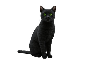Isolated Black Cat with Green Eyes, Sitting Upright and Alert, a Beautiful Feline Companion