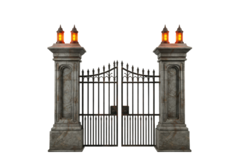 Isolated Gothic gate with lanterns, old wrought iron entrance, dark mysterious architecture