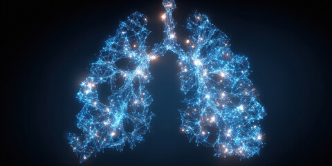 Outline the human lungs with light,illuminating the edges, in the center of the composition. blue