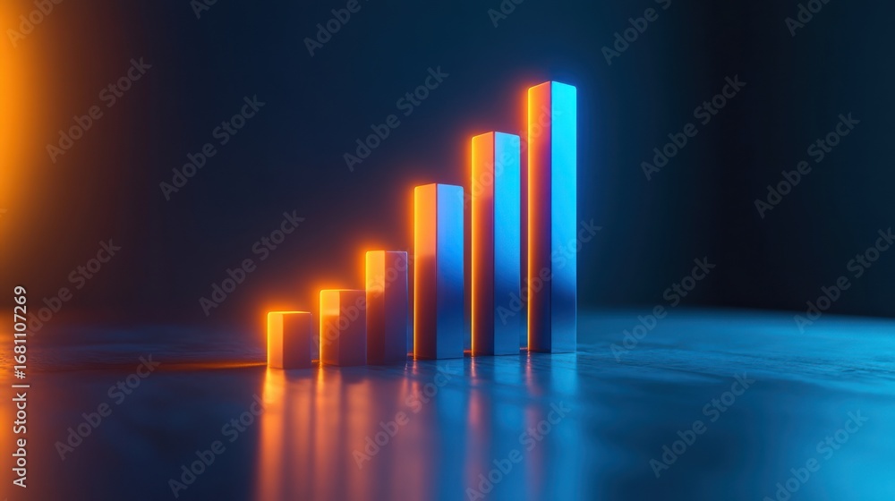Poster abstract glowing upward bar graph on reflective surface