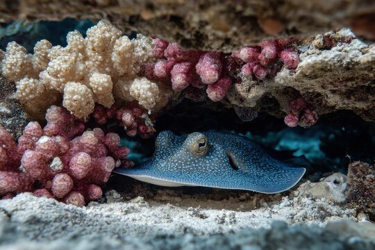 Bluespotted stingray concealed beneath a table coral