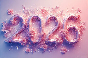 Elegant 2026 numbers in pink purple metallic style with delicate flowers and sparkling particles