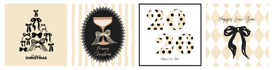 Merry Christmas and Happy 2026 New Year greeting card Set. Modern beautiful Xmas design with Christmas tree with red bow, champagne glass and bows. Minimal art banner, poster, cover © Ольга Логвиненко