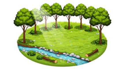 tranquil river scene serene isometric landscape, lush greenery, sunlit meadow, isolated on transparent background